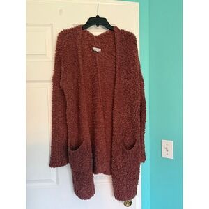 London Kaye Womens Rust Popcorn Knit Open Front Cardigan Sweater Pockets Small